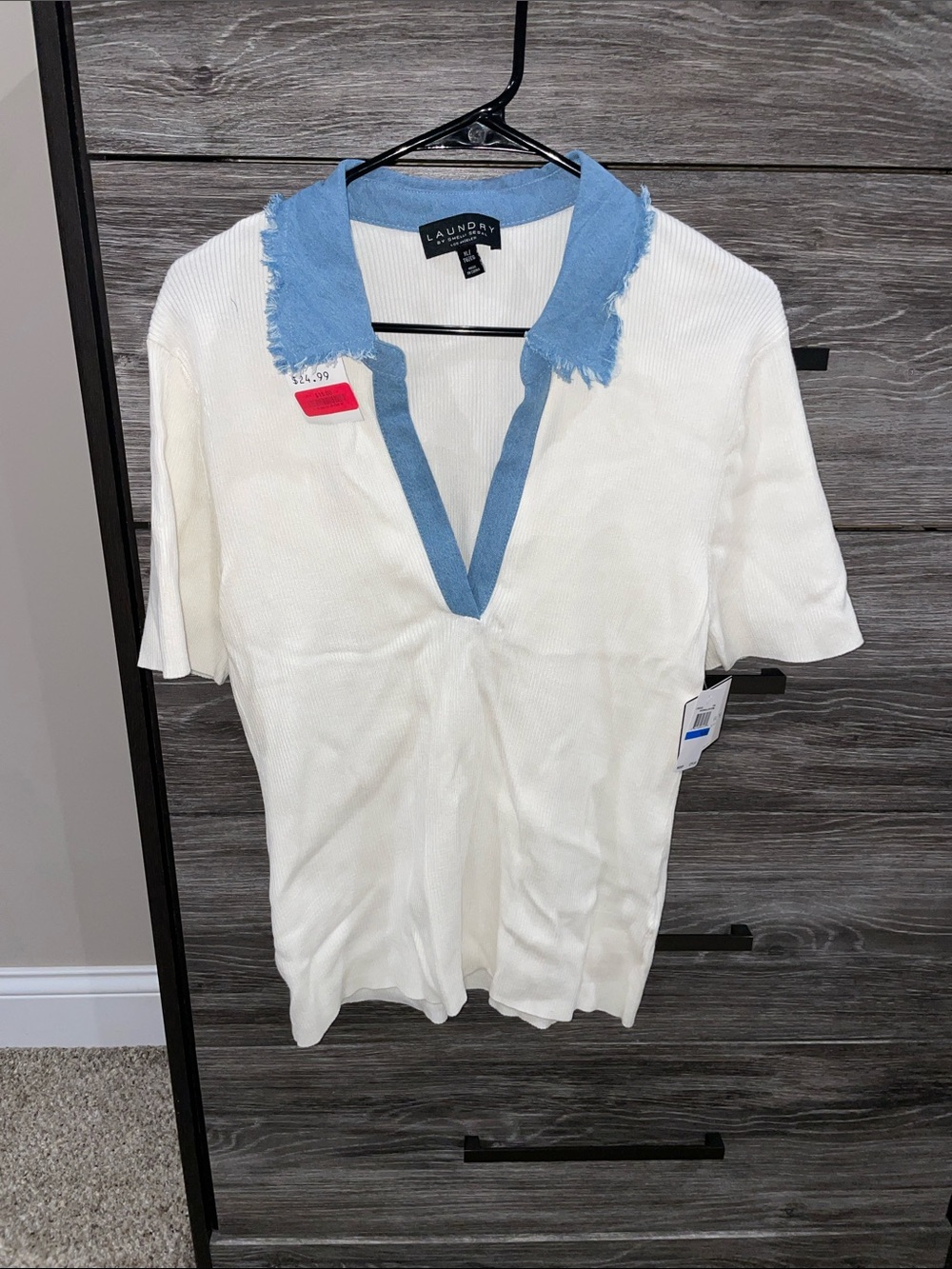 Laundry By Shelli Segal White Polo with Light Blue Frayed Collar